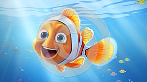 Clown fish, cheerful, marine, bright color, red-orange with white stripes, with big eyes, in blue water, cartoon