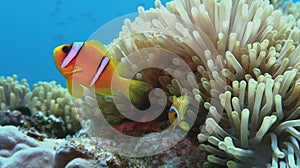 Clown fish near sea anemone. Amphiprion bicinctus - Two-banded anemonefish. Red Sea