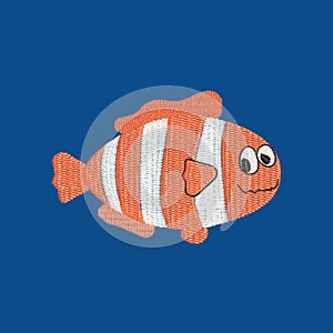 Clown fish patch embroidery, vector illustration of sea animal, cute character of uderwater life, decorative element for