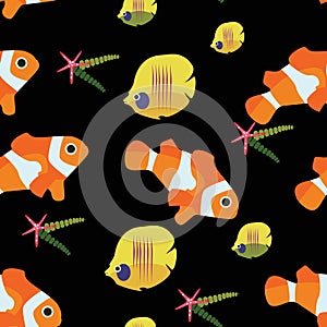 Clown fish and starfish chaetodon seamless pattern