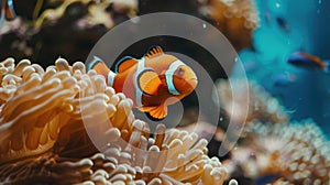 clown fish swimming between corals.