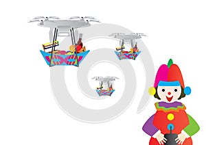 Clown holding a remote control and drones with Purim Jewish holiday treats basket