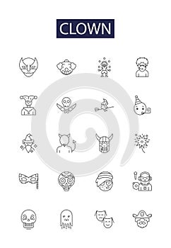 Clown line vector icons and signs. Mime, Harlequin, Entertainer, Bozo, Fool, Comical, Juggler, Joke outline vector