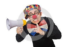 Clown with loudspeaker isolated on white