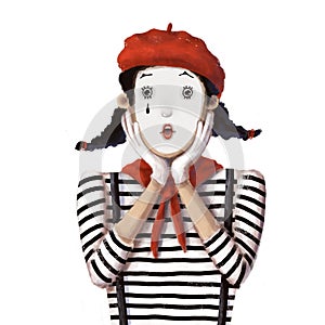 clown mime girl very surprised, watercolor style illustration, funny clipart with cartoon character