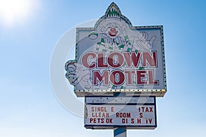 Clown Motel sign in Tonopah Nevada, is a kitschy roadside attraction and classic motor court motel