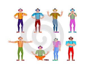 Clown set. Funnyman sad and yoga. bewildered and angry. harlequin happy winks and thumb up. Vector illustration photo