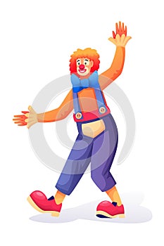 Clown show at amusement park. Holiday and vacation recreation vector illustration. Young funny man working in costume of