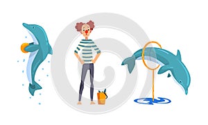 Clown Training Dolphins in Dolphinarium or Oceanarium Cartoon Vector Illustration