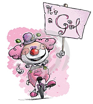 Clown on Unicycle Hoding a Its a Girl Plackard