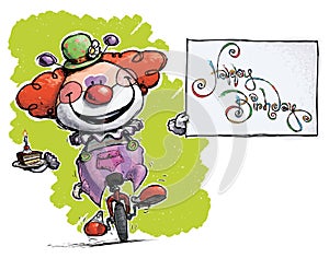 Clown on Unicycle Holding a Happy Birthday Card