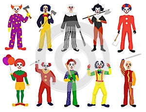 Clown vector clownish character clowning on performance in circus and cartoon man of clownery illustration set of