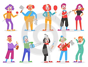 Clown vector scary clownish character clowning on performance in circus with ax or sword and cartoon man of clownery