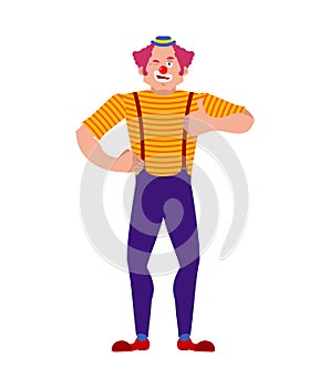 Clown winks and thumb up. Happy funnyman. Merry harlequin. Vector illustration photo