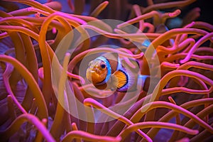 Clownfish Amphiprioninae hiding between sea anemones photo