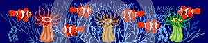 Clownfish and anemone on blue marine background with stylized branched corals