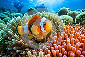 Clownfish and anemone on a tropical coral reef. Clownfish shelters in its host anemone on a tropical coral reef photo