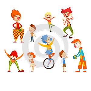 Clowns and happy little kids set, children having fun at birthday, carnival party or circus performance vector