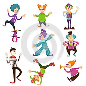 Clowns and mimes in circus making tricks vector cartoon characters isolated icons set
