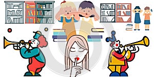 Clowns noisy trumpets library lady keep quiet vector graphics illustration