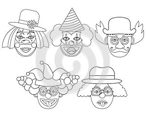 Clownâ€™s face colorless, set. Vector illustration.