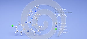clozapine molecule, molecular structures, atypical antipsychotics, 3d model, Structural Chemical Formula and Atoms with Color