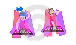 Club Disc Jockey or DJ Playing Recorded Music at Console Mixer and Mixing Sound with Turntable Vector Set