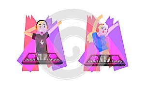 Club Disc Jockey or DJ Playing Recorded Music at Console Mixer and Mixing Sound with Turntable Vector Set