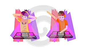 Club Disc Jockey or DJ Playing Recorded Music at Console Mixer and Mixing Sound with Turntable Vector Set