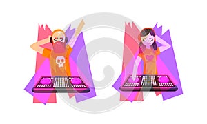 Club Disc Jockey or DJ Playing Recorded Music at Console Mixer and Mixing Sound with Turntable Vector Set