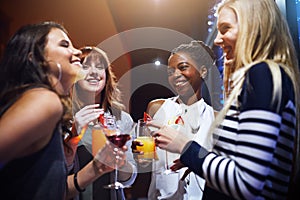 Club drinks, night and women at a party, happy hour and social celebration for happiness. Disco communication, diversity