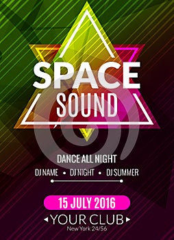 Club electronic space sound music poster. Musical event DJ flyer. Disco trance sound. Night party