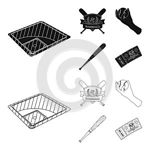 Club emblem, bat, ball in hand, ticket to match. Baseball set collection icons in black,outline style vector symbol