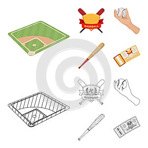 Club emblem, bat, ball in hand, ticket to match. Baseball set collection icons in cartoon,outline style vector symbol