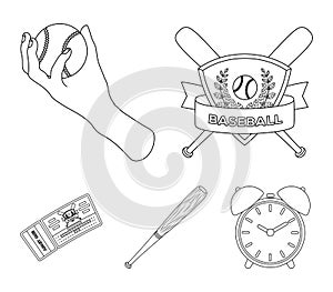 Club emblem, bat, ball in hand, ticket to match. Baseball set collection icons in outline style vector symbol stock