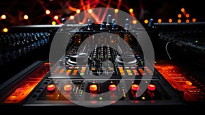 Club music concept with DJ console deejay mixing desk, mixer equipment entertainment