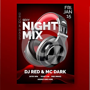 Club poster with headphones, dance party, fluid design flyer, invitation, banner template, dj music event, black and red