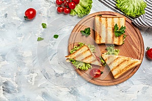 Club sandwich with ham, tomato, cheese and lettuce, Pressed and toasted double quick snack, banner, menu recipe place for text,