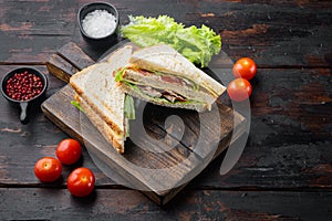Club sandwich panini with ham, tomato, cheese, on dark wooden background