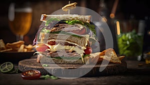 Club Sandwich On Stone, Blurred Background, Rustic Pub. Generative AI