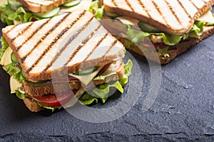 Club sandwich with tomatoes , cucumber , ham and cheese