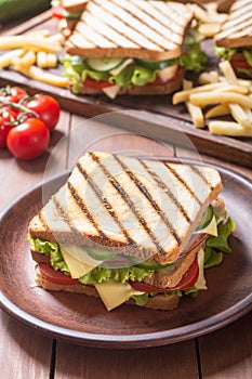 Club sandwich with tomatoes , cucumber , ham and cheese