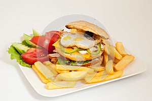 club sandwich on a white plate with french fries and vegetables