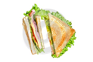 Club sandwiches with pork ham, cheese, tomatoes and lettuce Isolated on white background, Top view.