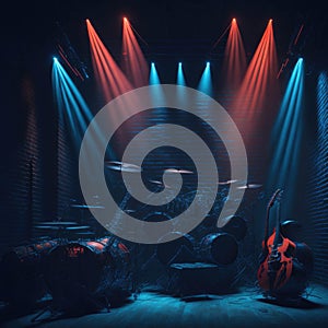 Club Stage With Musical Instruments, Drums, Guitar, Bass, Equipment, Speakers, Neon Color Lights, Generative AI