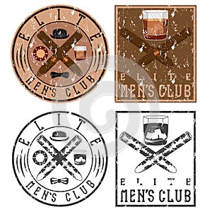 club vintage grunge labels with cigars and whiskey glass
