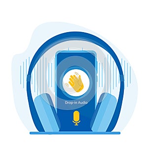 Clubhouse drop-in audio. A smartphone with a waving hand and a microphone with wireless headphones. The app trend of