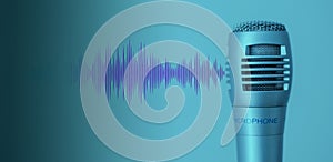 Clubhouse podcast blue - green banner with studio microphone and light wave. Professional broadcast microphone recording sound wit