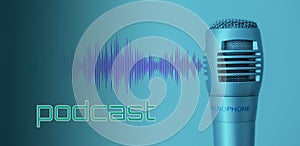 Clubhouse podcast blue - green banner with studio microphone and light wave. Professional broadcast microphone recording sound wit