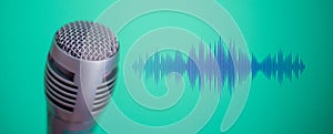 Clubhouse podcast green banner with studio microphone and light wave. Professional broadcast microphone recording sound with wavef